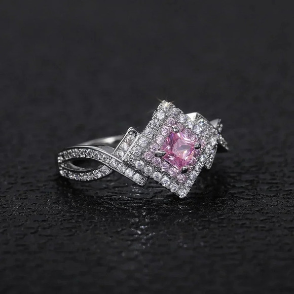 🌸Beautiful Silver Pure Pink Double Layer Weave Princess Cut CZ Ring, K832 - Picture 4 of 9